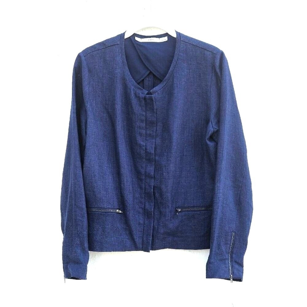 Womens 100% Linen Blazer XS Blue Zip Up Coastal Minimalist Lightweight Jacket